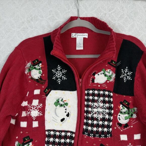 Vtg Holiday Sweater Womens L Red Full Zip Christmas Winter Snowman Grandma 90s - Picture 2 of 12